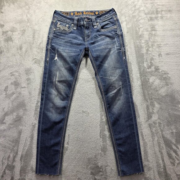 Rock Revival Denim - Rock Revival Jeans Womens 27 Blue Piera Skinny Raw Hem Embroidered Fleur de Lis